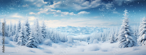 A panoramic winter wonderland unfolds, where snow-covered fir branches create a magical spectacle. Delicate snowflakes fall from the sky, like ethereal dancers in a frosty ballet.