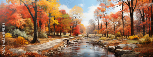 A panoramic ode to autumn's beauty takes center stage. Vivid orange leaves adorn the landscape, set against a gently blurred backdrop that accentuates their brilliance. This univer photo