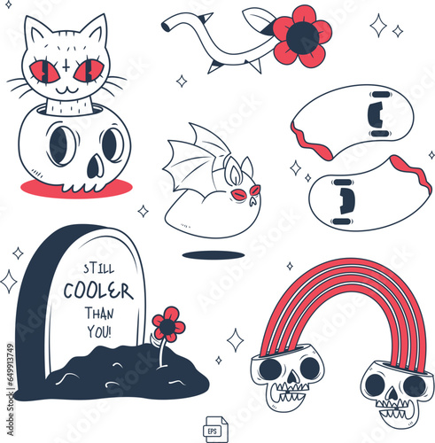 Set of Halloween vector doodles in the old cartoon style of the 1930s vol.2