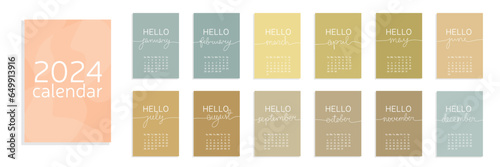 Calendar 2024 A4 with text Hello January, Hello February, Hello March, April, May, June, July, August, September, November, October, December. Vector illustration. Week start from Sunday.