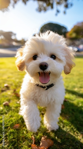 Happy Bollipoo puppy running around the park in clear weather. a pet. dog protection.