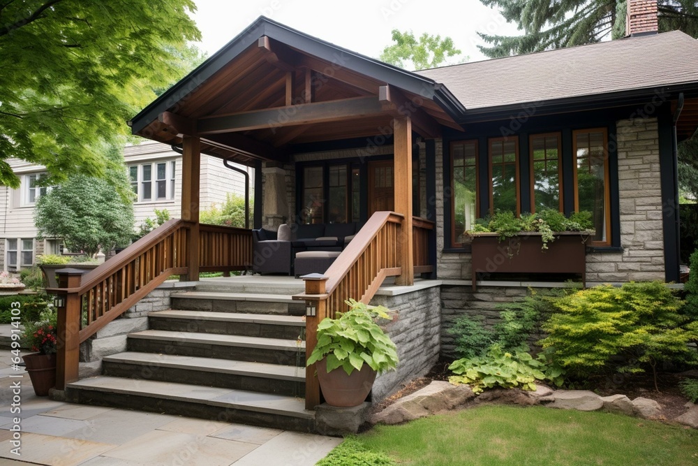 Renovated veranda with flagstone, stone steps, and paver landing brings a modern touch to this bungalow. Generative AI