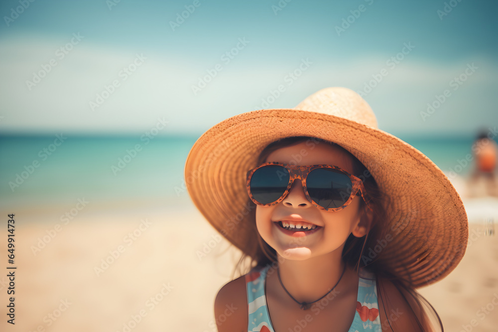 Portrait of a happy laughing girl on beach with sunglasses and hat smiling laughing on summer holiday vacation travel lifestyle freedom fun. Generative AI