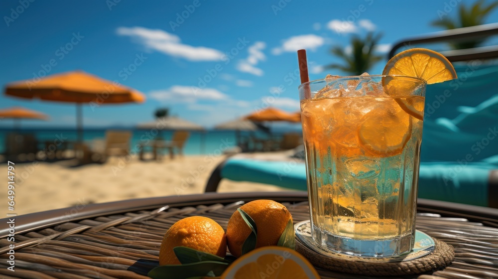 Lemonade on the table with sunbeds in the background and holiday concept. Lemonade on the table with sunbeds in the background and holiday concept.