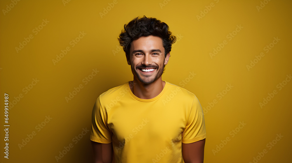 Closeup mockup of brown haired adult man wearing blank yellow t-shirt for apparel advertisement isolated on yellow background. Generative AI Closeup mockup of brown haired adult man wearing blank yellow t-shirt for apparel advertisement isolated on yellow background. Generative AI