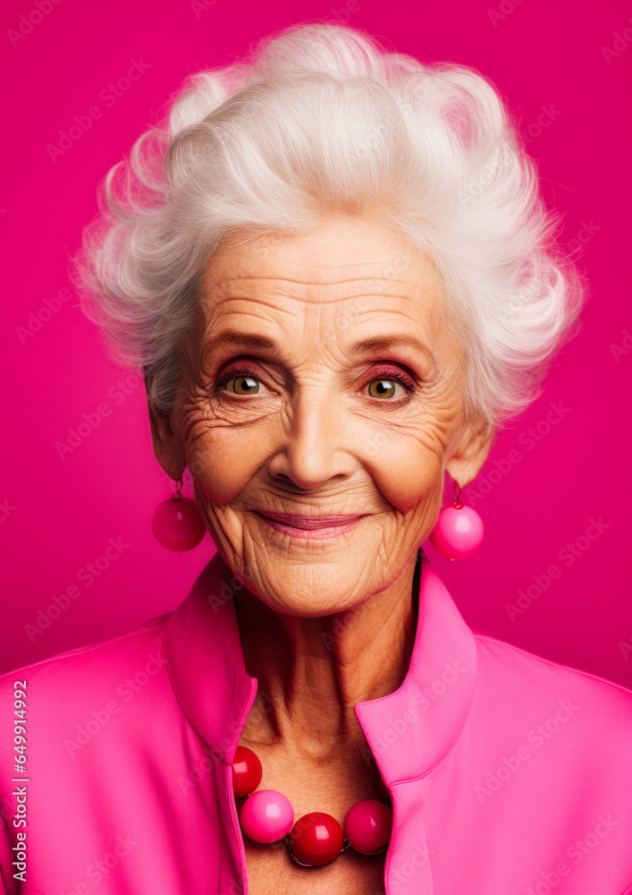 Elderly woman in pink clothes on a conceptual pink background for frame