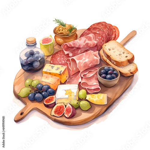 Beautifully arranged charcuterie platter with cured meats, cheese, grapes, olives, tomatoes, fig and artisan bread, set on a wooden cutting board. Watercolor art, generative AI