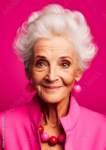 Obraz na płótnie Elderly woman in pink clothes on a conceptual pink background for frame w salonie