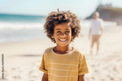 Portrait of a happy laughing black boy on beach smiling laughing on summer holiday vacation travel lifestyle freedom fun. Generative AI