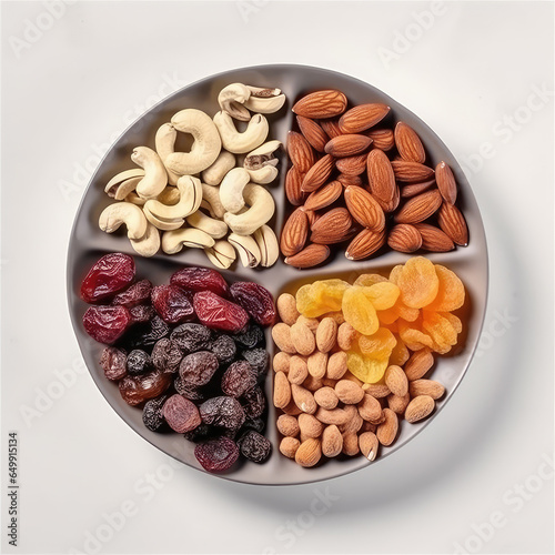 Top view on dried fruits and nuts on white round plate. Cashew nuts, raisins, cranberry, almond and apricots on portion dish. Ai generative photo