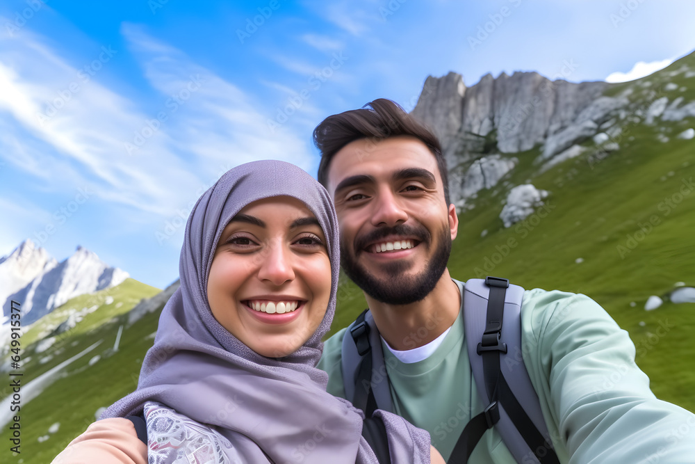 A woman in hijab with her husband taking a selfie with their smartphone in the mountains. Generative AI