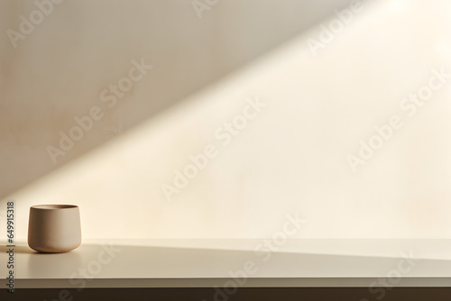 Beige plant pot or vase on white table counter in sunlight  shadow on beige paint wall for luxury beauty  cosmetic  organic  food supplement product background 3D