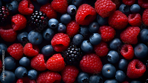 Close up of healthy ripe fresh fruits and berries with waterdrops on them. Strawberries, blueberries, blackberries, generative AI