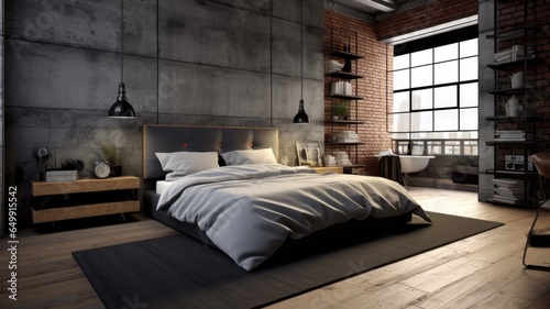 Bedroom decor, home interior design . Industrial Urban style with Brick Wall decorated with Metal and Concrete material . Generative AI AIG26. © Summit Art Creations