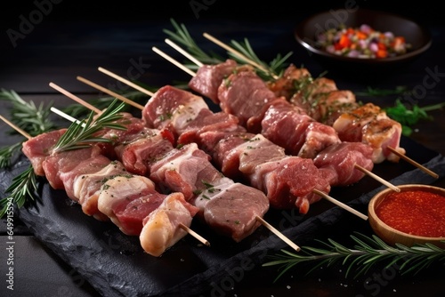 Various raw pork neck skewers are arranged on a dark background, accompanied by rosemary, sea salt, garlic and spices. beautiful Generative AI AIG32