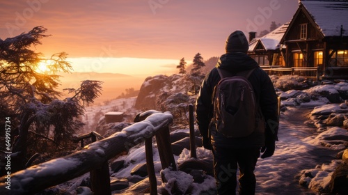 The person watching the breathtaking sunrise in a secluded winter home.