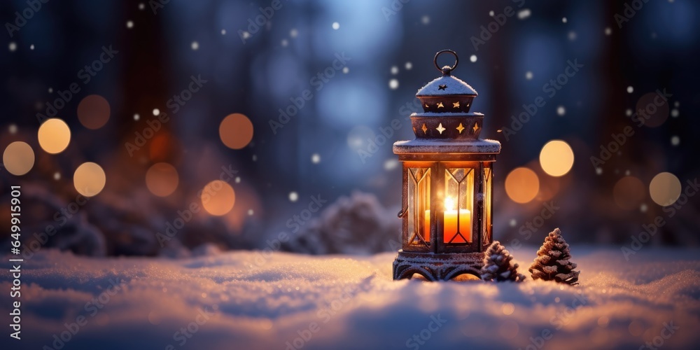 Christmas lantern on snow with fir branch at eve night, Winter decoration background, Christmas Card, generative ai - obrazy, fototapety, plakaty 