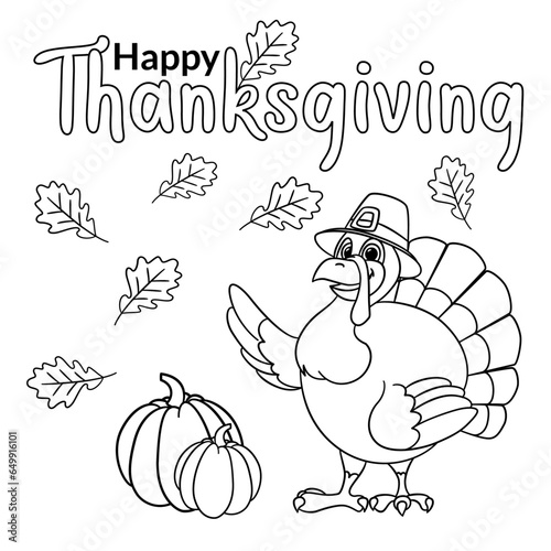Cute cartoon turkey wearing a pilgrim hat wishes happy thanksgiving day outlined for coloring page on white background.