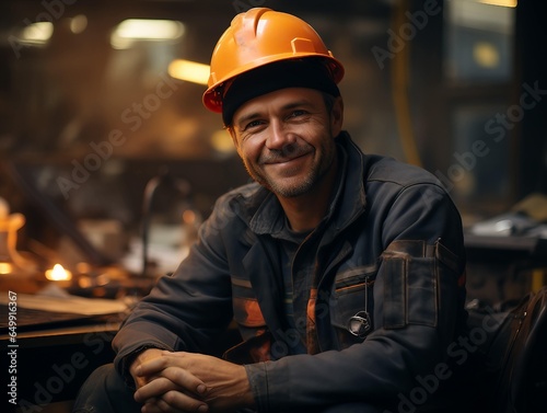 Smiling professional heavy industry worker in a protective uniform