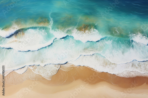 Aerial view of sandy beach and waves. Turquoise water, summer landscape