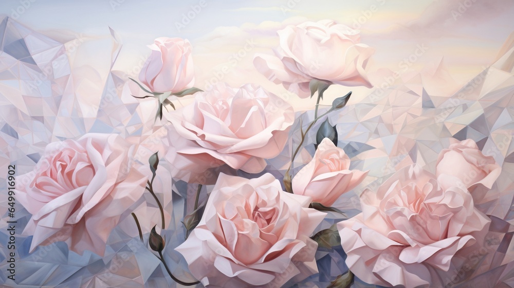  a painting of pink roses in a vase with a blue background.  generative ai