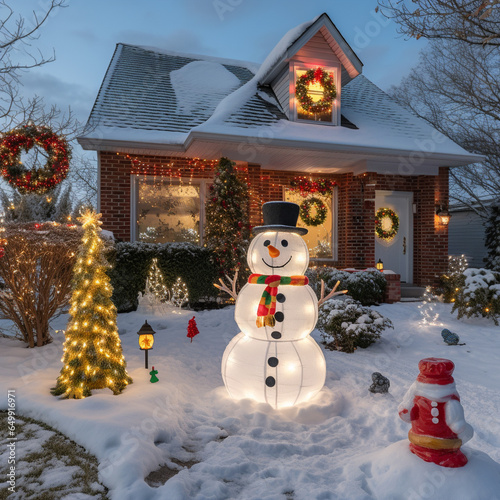 Snowman outside of house.