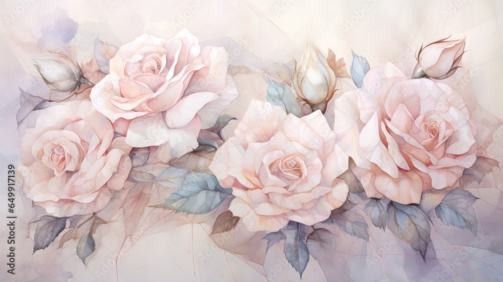  a painting of pink roses with leaves on a white background.  generative ai - obrazy, fototapety, plakaty 
