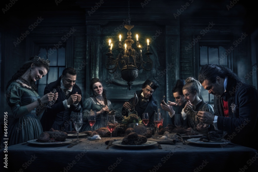 Dramatic image of a gothic family at the table, spooky Halloween party in the heart of Victorian London. A group of friends gather around a festive table, AI Generated