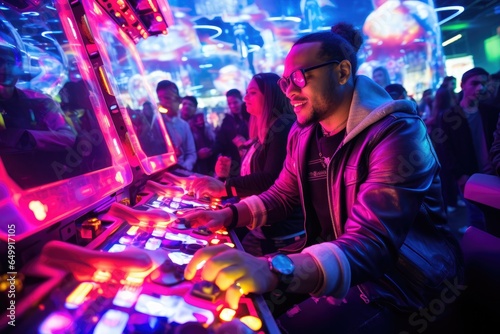 Portrait of young asian man playing video game at night club, celebrity sitting down in a brightly lit, comfortable arcade cabinet, AI Generated