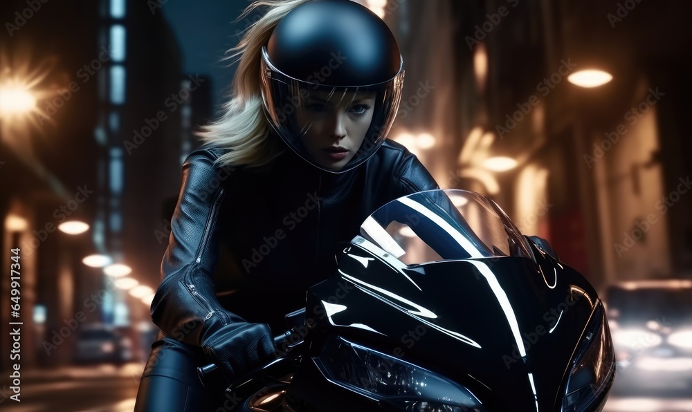 Beautiful slender blonde woman on a motorcycle in the night city. Beautiful slender blonde woman on a motorcycle in the night city.