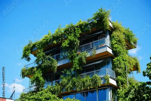 green building with hanging plants against blue sky. Generative AI