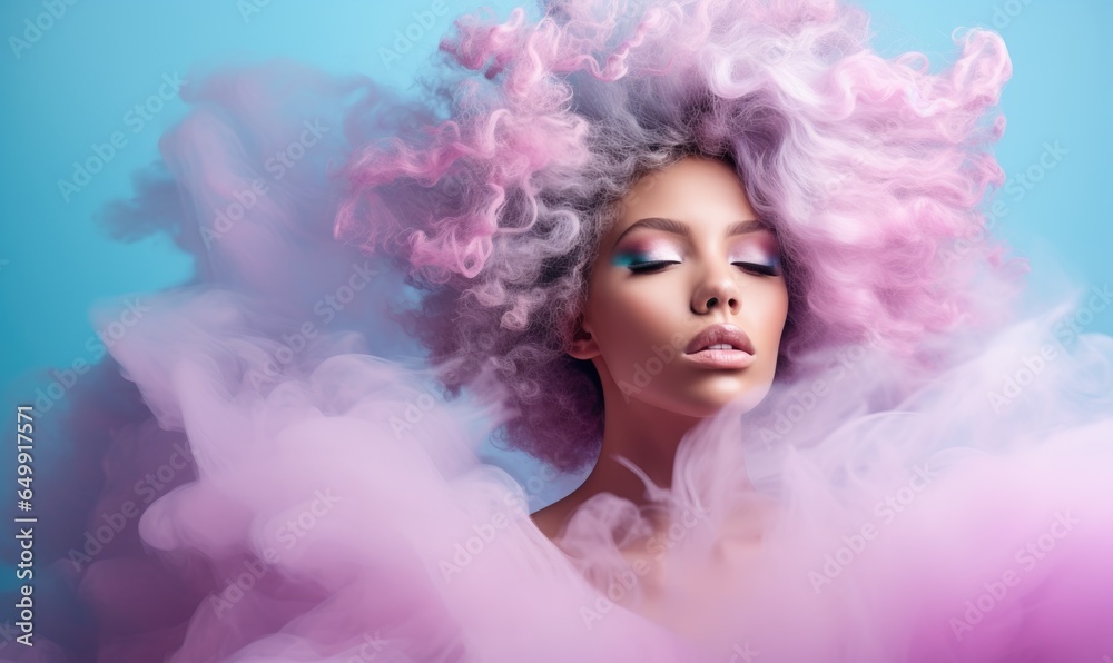 Young woman surrounded by a purple pink cloud of smoke on pastel blue background. Abstract fashion concept. Close-up portrait of top model. 