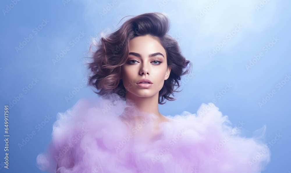 Young woman surrounded by a purple pink cloud of smoke on pastel blue background. Abstract fashion concept. Close-up portrait of top model. 