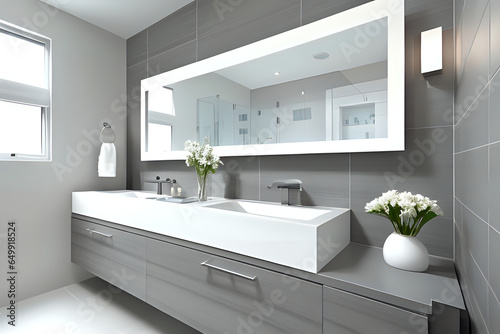 Modern bathroom interior with white vanity topped with gray countertop. Stylish calm gentle composition