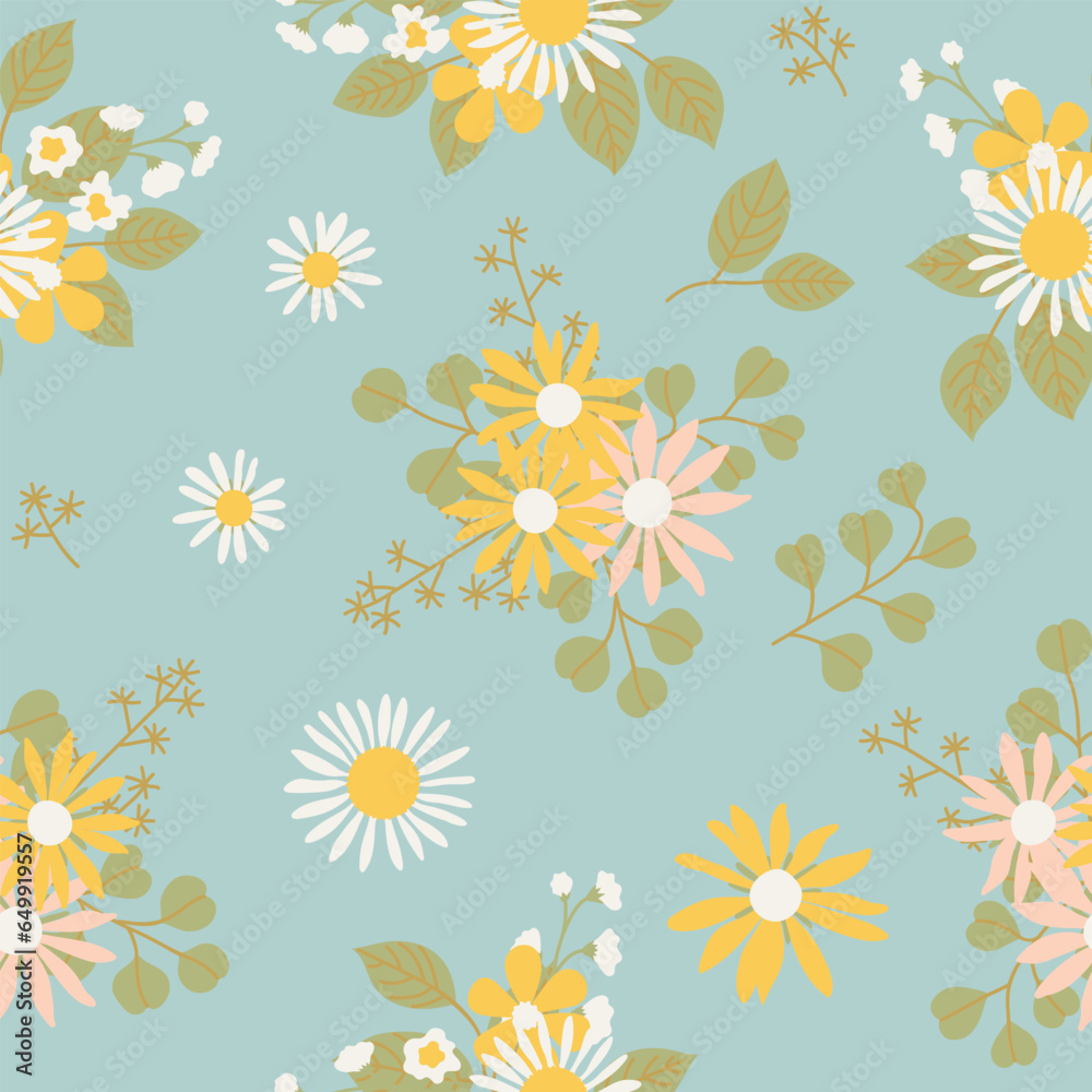 Cute seamless light blue pattern with wild flowers in flat style. Wrapping paper, wallpapers, background