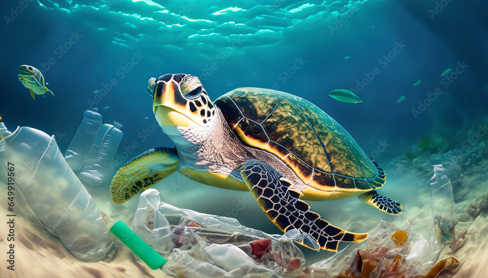 Fototapeta premium Turtle in the middle of plastic. Rubbish in the sea. Danger for the environment and animals. AI generative.