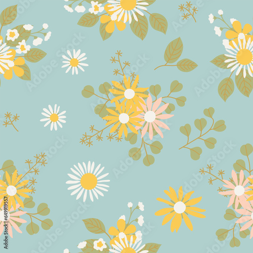 Cute seamless light blue pattern with wild flowers in flat style. Wrapping paper  wallpapers  background