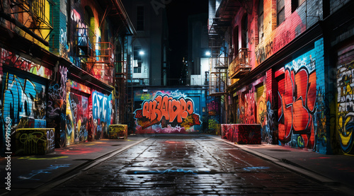 Street with graffiti painted along the wall, in the style of night photography, new york city scenes