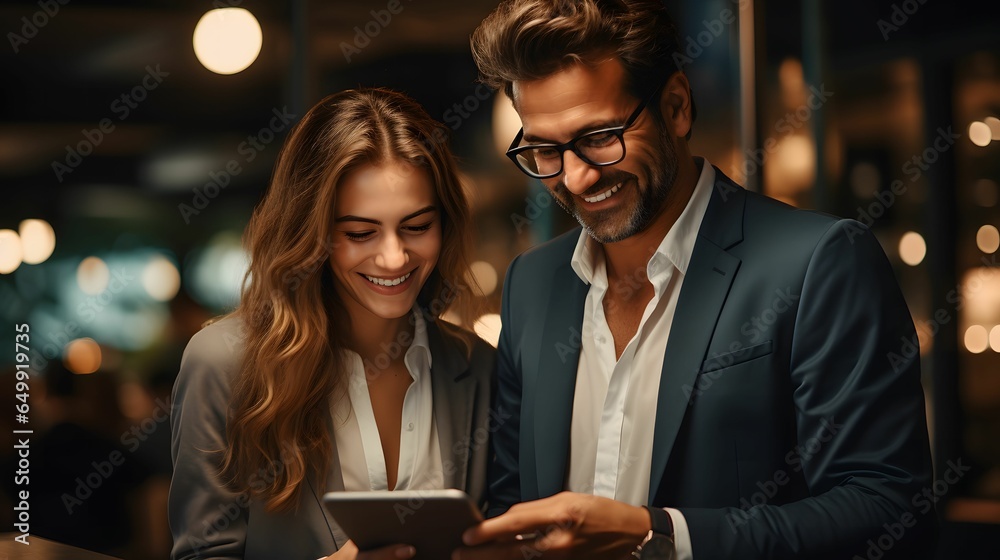 Two business people using digital tablet tech discussing financial market data standing at corporate office meeting