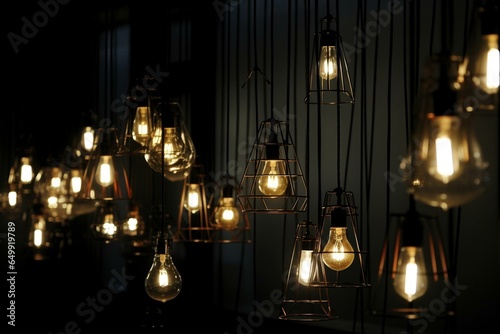 row of lamps suspended by wire. Generative AI