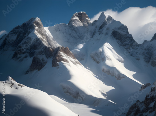 Majestic Snowcapped Mountain in Winter Landscape.
Majestic alpine landscape, snowcapped mountains, frozen beauty.