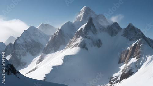 Majestic Snowcapped Mountain in Winter Landscape.
Majestic alpine landscape, snowcapped mountains, frozen beauty.