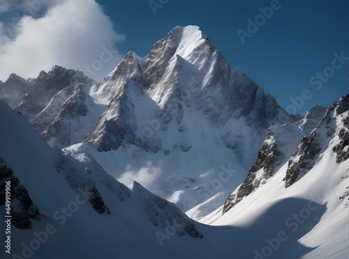 Majestic Snowcapped Mountain in Winter Landscape.
Majestic alpine landscape, snowcapped mountains, frozen beauty.