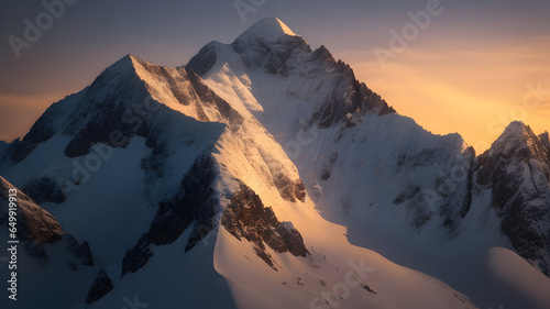 Snowcapped Mountain Peak at Sunset: Majestic Outdoor Beauty.
Breathtaking snow-capped mountain peak at sunset, a nature lover's travel destination.
