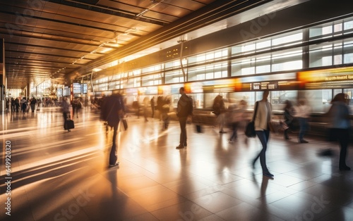 A bustling airport terminal scene with blurred travellers with baggage in motion. Generative AI