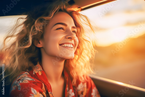 Close up portrait of a happy young woman smiling while driving a car