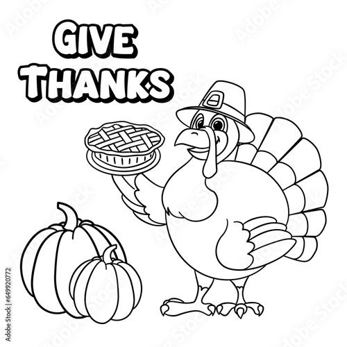 Cute cartoon turkey wearing a pilgrim hat wishes happy thanksgiving day outlined for coloring page on white background.