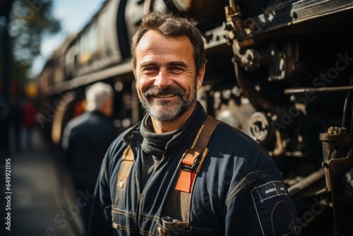 Train driver outdoor portrait. Bearded European man stands in front of a locomotive