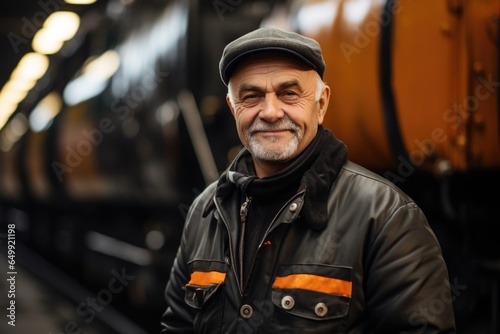 Train driver outdoor portrait. Elderly bearded European man stands in front of a cargo train