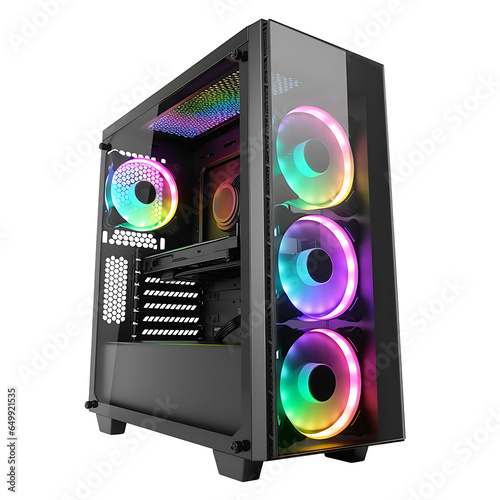 concept design of gaming workstation station custom pc computer build with glass windows and RGB